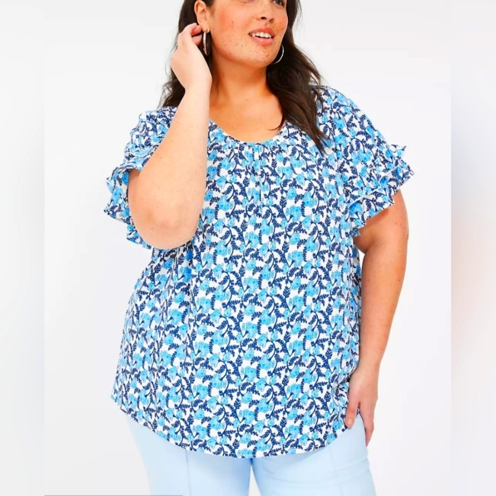 Lane Bryant Floral Blue Flutter Sleeve Women's Top
